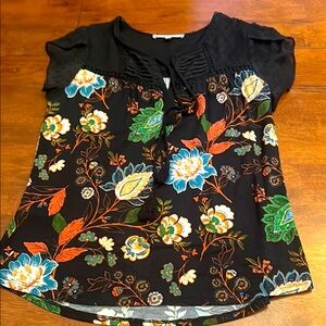 Daniel Rainn Blue and Orange Graphic Cap Sleeve Blouse